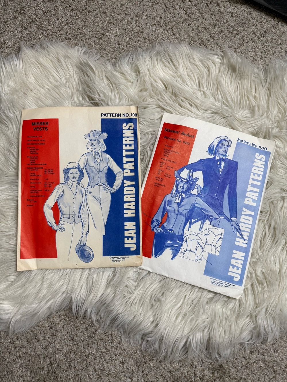 Vintage Jean Hardy Western Wear Sewing Patterns Jacket Vest 1980’s